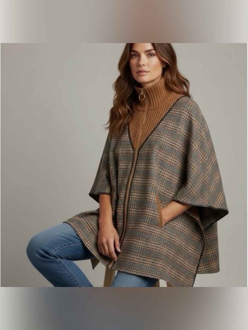 Plaid Cape Poncho with Camel Turtleneck Trim